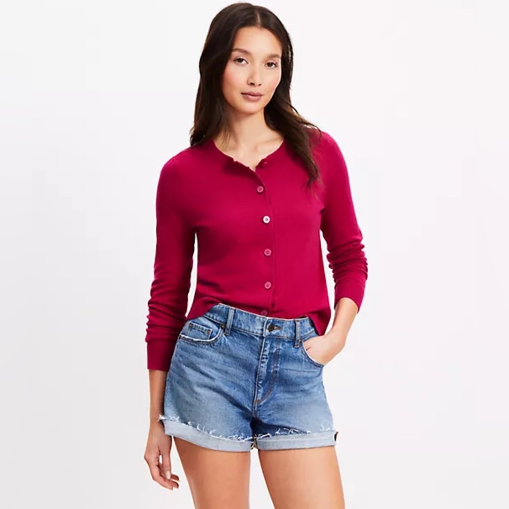 Loft Women's Cardigan Sweater Modern Crew Neck Preppy Pink Fuchsia Size XS